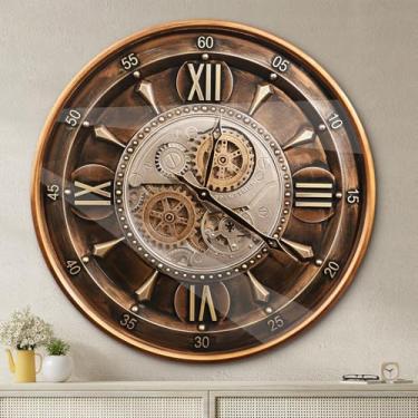 Imagem de October Elf Relógio de parede de 61 cm com engrenagens móveis grande industrial steampunk relógio de metal antigo dourado grande decoração de casa de fazenda relógio de parede para sala de estar