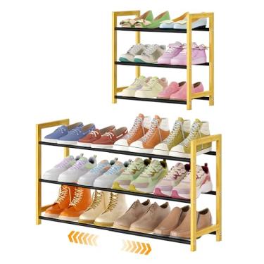 Imagem de LVNIUS Sapateira expansível de 3 níveis, organizador de sapatos ajustável de bambu para piso de armário, 6 a 12 pares de prateleiras de metal para espaços pequenos, suporte compacto e estreito para