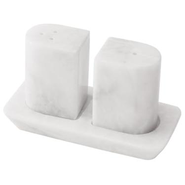 Imagem de Radicaln Saleiro de mármore e pimenteiro de 6,3 cm, conjunto de especiarias Saleros de pedra branca feita à mão para balcão de cozinha, suporte de sal rosa, decoração de mesa de cozinha de fazenda