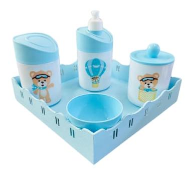 Imagem de Kit Higiene Baby Ursinho Baloeiro Menino c/bandeja em MDF (Quadrada Azul/Azul)