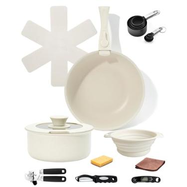 Imagem de Boryenty Conjunto De Panelas E Frigideiras Antiaderentes, Utensílios Cozinha Cerâmica Com Alça Removível, Design Compacto, Bacia Dobrável Para Pratos, Termômetro Alimentos, Descascador, Mais, Própri