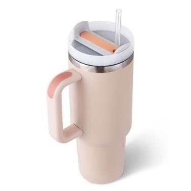 Imagem de Ochapa Copo Térmico De 40 Oz Com Alça E Tampa Canudo, Aço Inoxidável, Reutilizável, Mantém As Bebidas Geladas, Porta-Copos Café, Presente Ideal Para Mulheres, Amantes Carro, Academia Viagem, Rosa