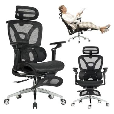 Imagem de Cadeira de escritório e jogos de malha ergonômica com apoio para os pés, cadeira de mesa de escritório em casa com encosto alto, suporte lombar confortável, inclinação de 130°, profundidade de assento