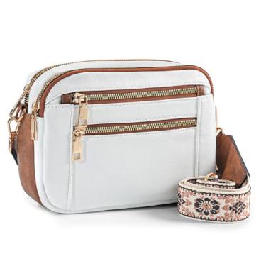 Imagem de WJCD Bolsa tiracolo feminina - bolsa de ombro leve de couro vegano com alça ajustável, bolsas pequenas elegantes, Branco com marrom, Estilo britânico clássico