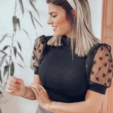 Imagem de Blusa feminina gola alta manga curta tule malha canelada - Filo modas 