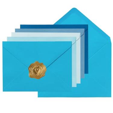 Imagem de Toperd 100 envelopes A6 com adesivos dourados 5 cores 4,75 x 16,5 polegadas para cartões de casamento, aniversário, chá de bebê, convites (5 azuis, 16 x 11 cm)