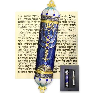 Imagem de Zivosely Design de esmalte requintado mezuzá com pergaminho, fácil instalação, use fita dupla face, mezuzá azul real para porta com detalhes de diamante de cristal para qualquer ocasião judaica