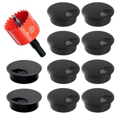 Imagem de Pacote com 10 ilhós de mesa pretos de 50 mm - Kit de gerenciamento de cabos com serra para TV, escritório e mesa de casa - Esconder fios atrás da parede, cabo de parede de TV