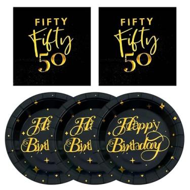 Imagem de Conjunto de talheres de festa de aniversário de 50 anos preto e dourado, pratos de feliz aniversário e guardanapos de coquetel de 50 anos, suprimentos de decoração de 50 anos, guardanapo de prato de