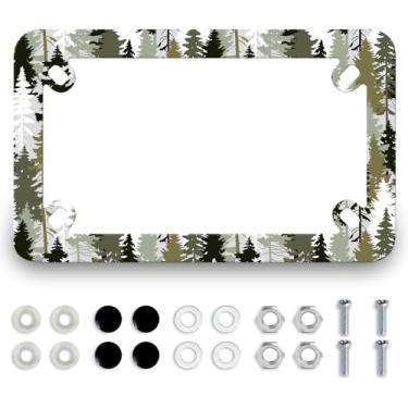 Imagem de Camuflagem Floresta para Placa de Licença de Motocicleta Aço Inoxidável Metal Colorido Suporte de Etiqueta Preta 4 Furos Masculino Feminino Acessório de Motocicleta Impermeável com Parafusos Tampas de