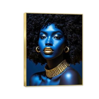 Imagem de Arte de parede em tela emoldurada preta africana azul preta decoração de parede feminina africana retrato meditação vertical pintado imagem 80 x 60 cm (32 x 24 pol) moldura dourada