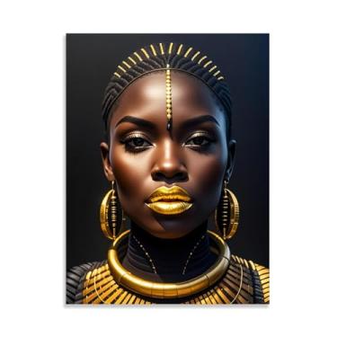 Imagem de Blackgold Arte de parede emoldurada mulher afro-americana pintura de menina negra pôster abstrato para sala de estar quarto decoração de casa 90 x 70 cm (36 x 28 pol) sem moldura