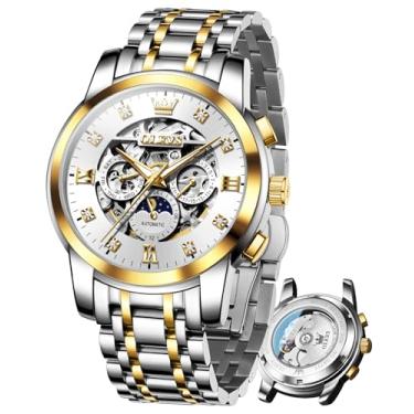 Imagem de OLEVS Relógios masculinos de luxo esqueleto automático mecânico masculino diamante fase da lua à prova d'água data relógio cavalheiro automático, 6721: dois tons e branco