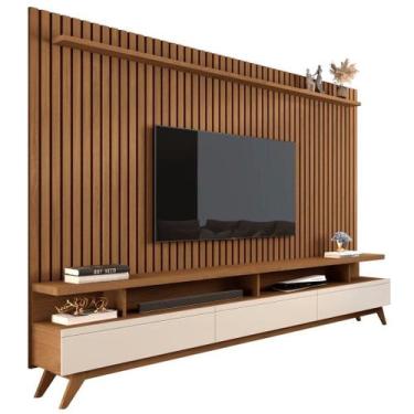 Imagem de CONJUNTO DE RACK + PAINEL VIVA 100% RIPADO COR FREIJÓ / OFF WHITE 220c