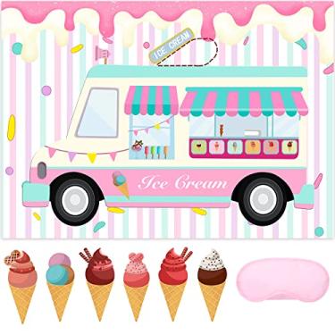 Imagem de JOARHONAL Pin the Ice Cream on the Ice Cream Truck Shop - Jogos de festa de sorvete para crianças meninas 51 x 71 cm pôster de jogo de sorvete com 24 adesivos reutilizáveis conjuntos de lembrancinhas