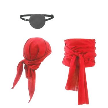 Imagem de Fantasia de pirata de Halloween, 3 peças, bandana medieval, lenço de cabeça, acessórios para cosplay, faixa de cintura, cinto, chapéu, tapa-olho, Vermelho, G