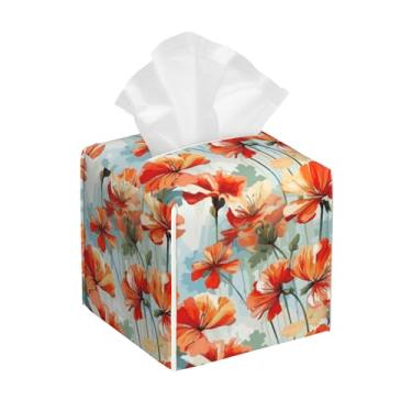 Imagem de Suporte de caixa de lenços de flores em aquarela, capa de caixa de lenços de couro quadrada de folhas vintage, organizador de guardanapo moderno à prova d'água para carro, banheiro, mesa de cabeceira