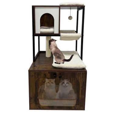 Imagem de Caixa de areia com árvore de gato, caixa de areia de canto para gatinhos, móveis à prova de cães, armário de gatos de madeira com condomínio, rede de pelúcia, poste para arranhar e bola de brincar