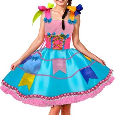 Imagem de Vestido Junino Infantil Super Luxo Com Bolsinha Rodado Com Bandeirinha