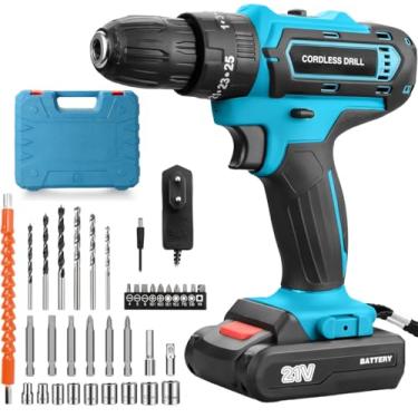 Imagem de Parafusadeira e Furadeira à Bateria 21V com 2 Baterias e Carregador, 2 Velocidades Variáveis, Luzes LED, Kit de 25 Acessórios e Maleta, Conjunto Completo para Perfuração e Parafusamento, Azul