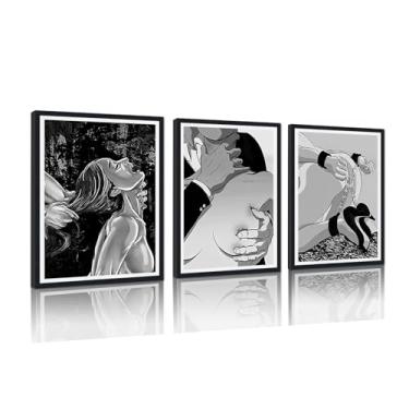 Imagem de Conjunto de arte de parede emoldurado para quarto decoração de parede preto e branco impressão de mulher sexy pôsteres de casal sensual arte romântica para bar hotel decoração de apartamento pronto