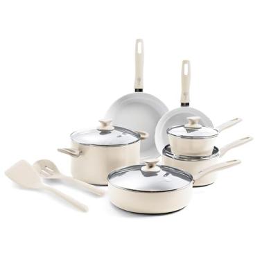 Imagem de GreenPan Dover Healthy Ceramic Antiaderente, conjunto de panelas e frigideiras de 12 peças, livre de PFAS, lavável na lava-louças, alça confortável, creme branco