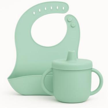 Imagem de Kit Alimentação Infantil Silicone – Copo Antivazamento com Canudo + Babador Coletor Ajustável – Livre de BPA, Ideal para Introdução Alimentar (Verde Claro)