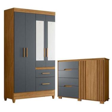 Imagem de Guarda Roupa Solteiro Madri com espelho e Cômoda Texas Freijó Cinza  M