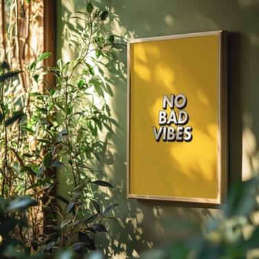 Imagem de Quadro Decorativo No Bad Vibes Com Moldura Frases Positivas Modernas Jovem Amarelo Impactante Decoração Motivacional Quarto Sala Escritório