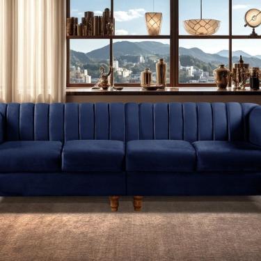 Imagem de Sofá 4 Lugares Decoração Retrô Clássico Realeza Chesterfield Azul