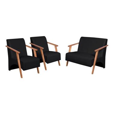 Imagem de Conjunto Venus Braços em Madeira Maciça 1 Namoradeira 2 Poltronas Courino