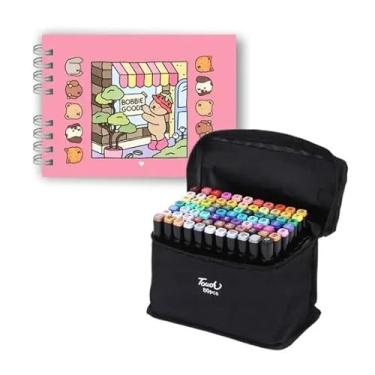 Imagem de Livro de colorir dos ursinhos capa dura, para crianças e adultos, 50 folhas para colorir mais folha de acetato + Kit Marcadores Profissionais para Colorir e Desenhar – 80 Cores (Azul)