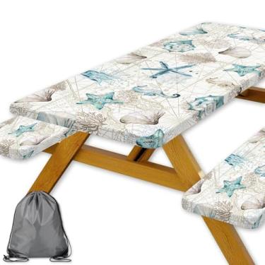 Imagem de DYNH Capa de mesa concha estrela do mar com capas de banco, concha costeira náutica, estrela do mar, decoração de festa de verão, toalhas de mesa elásticas para mesas e assentos retangulares de 1,8 m