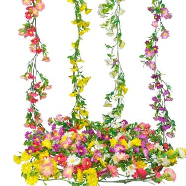 Imagem de CISDUEO 4 peças de margaridas artificiais de videira, guirlanda de flores de seda para manto, flores falsas coloridas, hera pendurada com margaridas para parede, festa, casamento, arco, decoração de