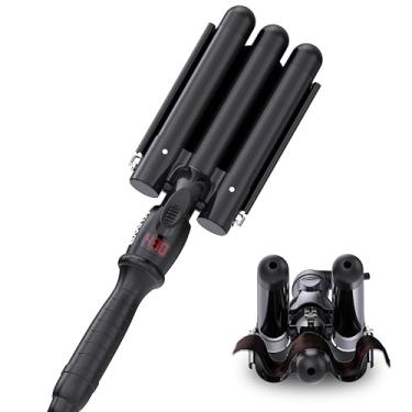 Imagem de kuwa Crimpador de cabelo, modelador de cachos de ondas de praia, modelador de cachos de 3 barris, modelador de cabelo para mulheres, HairWaver com visor de temperatura LCD