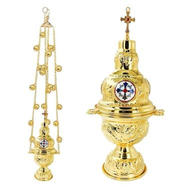 Imagem de RZRHMUHN Censário de pendurar ortodoxo de 68 cm com sinos, queimador de incenso de liga de zinco banhado a ouro, queimador de incenso ritual de igreja (cruzado)