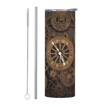 Imagem de LKWSCGHM Copo de relógio Steampunk Gears com tampas e canudo, garrafa de água a vácuo de parede dupla de 590 ml, caneca de café isolada de aço inoxidável, copo térmico de viagem à prova de vazamento