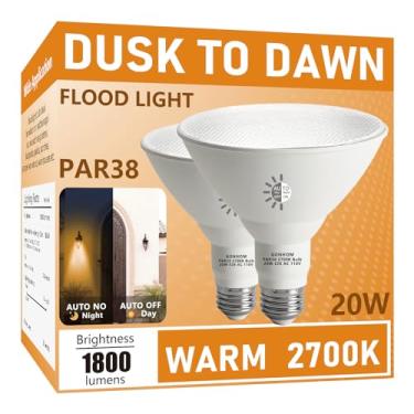 Imagem de Gonhom Lâmpadas de LED Par38 do crepúsculo ao amanhecer ao ar livre, pacote com 2, luz do dia 2700K, 20 W, substitui até 200 W, 1800 lm, base E26 para quintal, garagem, varanda, jardim