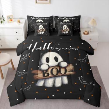 Imagem de Erosebridal Jogo de cama solteiro com 7 peças, fantasma de Halloween, cama de morcegos pretos fofos em uma bolsa, conjunto de cama de bolinhas inclui edredom, conjunto de lençol, fronhas e fronhas