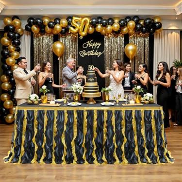 Imagem de Saia de mesa de lantejoulas douradas pretas de 4,7 m para mesas retangulares ou redondas, toalha de mesa tutu de salgueiro encaracolado, saia de mesa de tule para aniversário, festa, banquete