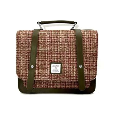 Imagem de Maccessori Bolsa mensageiro feminina com alça transversal ajustável, 100% Harris Tweed e couro vegano, 21 cm x 21 cm x 7 cm, Bordo, 8.66’’ x 8.46’’ x 2.75’’