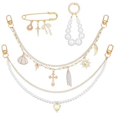 Imagem de UNICRAFTALE Conjunto de 4 peças de decoração de bolsa de aço inoxidável boêmio para decoração de calças de broche, acessórios de moda com pingente de pérola acrílica e pinos de concha decoração de