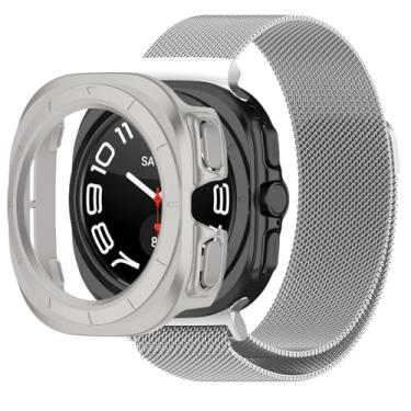 Imagem de QIEMUTER Pulseira esportiva de aço inoxidável compatível com Samsung Galaxy Watch Ultra de 47 mm com capa de TPU (prata)