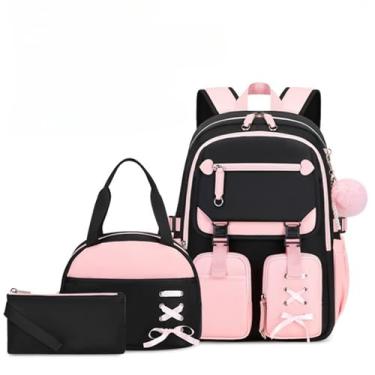 Imagem de Mochila colorida para meninas com lancheira conjunto de estojo de lápis para meninas mochila escolar infantil ensino fundamental ensino médio, Preto + rosa