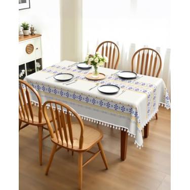 Imagem de Xiazhilaio Toalha de mesa retangular boêmia, de linho, impermeável, para jantar, fazenda, com borlas, rústico, oblongo/retangular, sem amassos, para cozinha, jantar, festa, piquenique, 140 x 178 cm