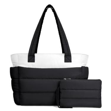 Imagem de TOPDesign Bolsa feminina acolchoada com compartimentos, bolsa de ombro acolchoada para trabalho, viagens, academia, Preto/branco, Large