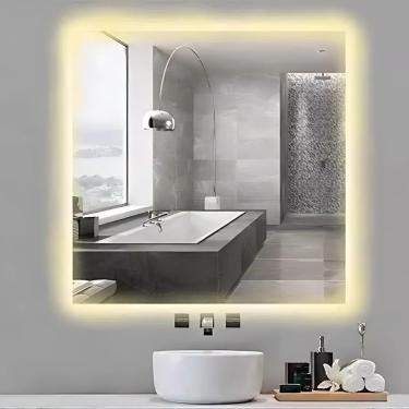 Imagem de Espelho Decorativo 60x60 Quadrado Para Banheiro Com Led Amarelo Acompanha Fonte Bivolt...