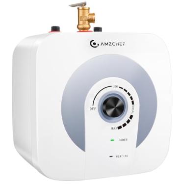 Imagem de AMZCHEF Aquecedor elétrico de água mini tanque 2,64 galões/10L, ajuste de temperatura do botão de armazenamento de água quente, embaixo da pia, aquecimento rápido 120V/1500W, branco, montado na parede