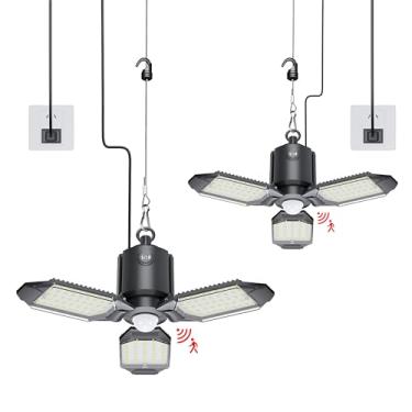 Imagem de Craftersmark Plugue de luz de garagem com sensor de movimento, luz de loja 8000LM 3 modos, 3 painéis de LED deformáveis, lâmpada com sensor de movimento interno 6500K para garagem, celeiro, porão