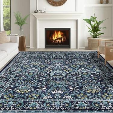 Imagem de Dintszyayue Tapetes laváveis, 20 x 25 cm, lavável, floral, antiderrapante, para sala de estar, tapetes grandes para quarto, casa de fazenda, piso enseada, azul